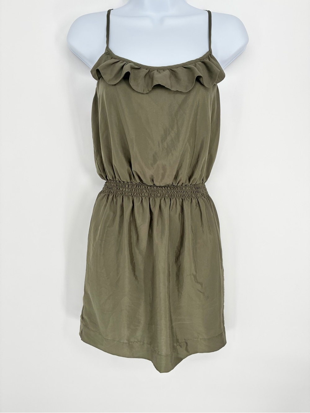 BCBGeneration Olive Green Ruffle Neck Cami Romper Dress Size Small